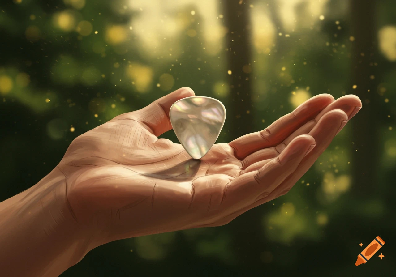 An illustrative side view of an open palm holding an iridescent guitar pick against a blurred green background with sparkling lights.