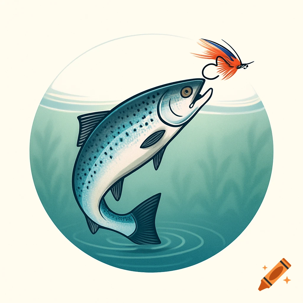 Stylized logo of a blue and white salmon jumping to catch an orange and blue fishing fly.