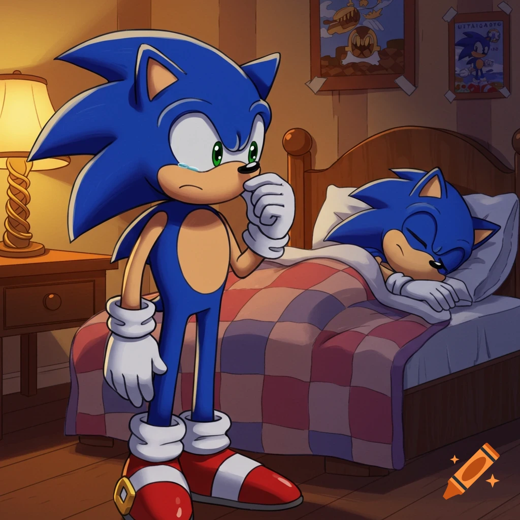 Cartoon Sonic the Hedgehog looks sadly at another Sonic sleeping in a bed, in a cozy bedroom scene.