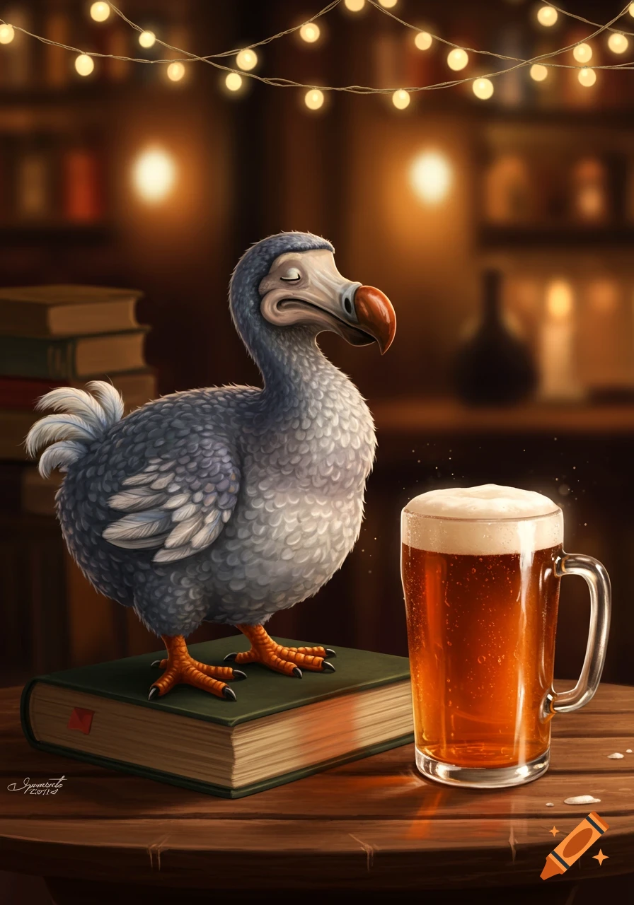 A sleepy-looking dodo bird stands on a book next to a frothy glass of beer on a wooden bar table, illuminated by string lights. Cartoon style.