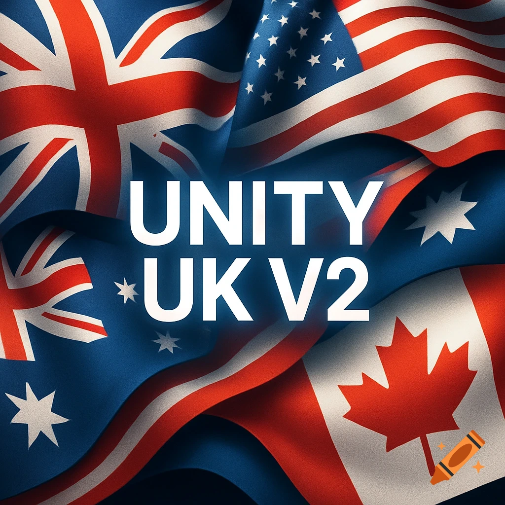 Wavy flags of the UK, USA, Australia, and Canada converge with 'UNITY UK V2' text in the center.