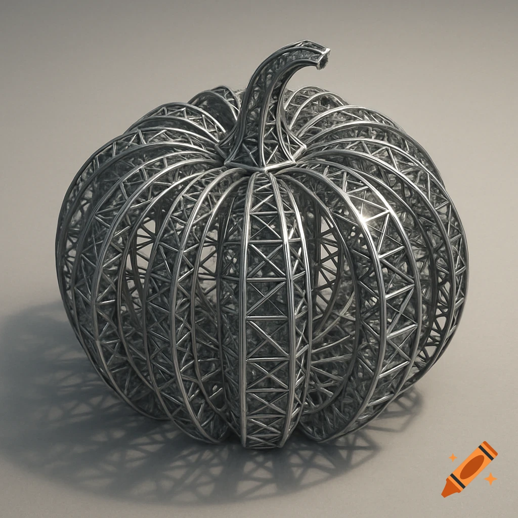 A 3D rendering of a silver steel truss pumpkin, featuring a detailed structural design, on a light grey background.