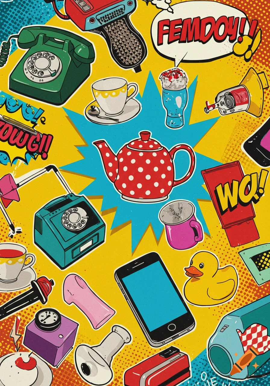 A colorful pop art collage featuring various everyday objects like a rotary phone, teapot, coffee cups, a rubber duck, and a smartphone, set against a vibrant yellow and blue background with speech bubbles.