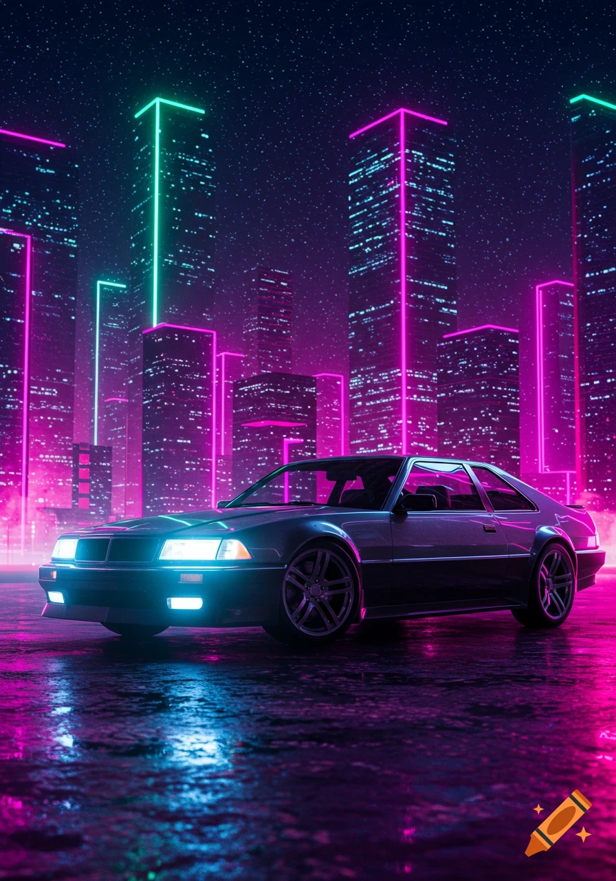 A sleek car with glowing headlights parked on a wet street against a vibrant neon cityscape at night, lit in magenta and cyan.