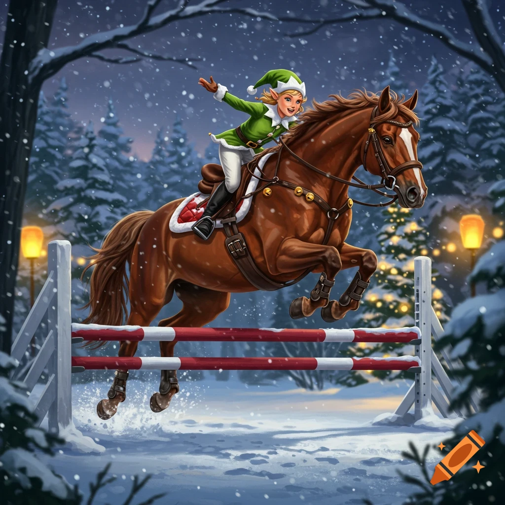 An elf in a green suit rides a brown horse over a red and white hurdle in a snowy winter forest decorated with lights.