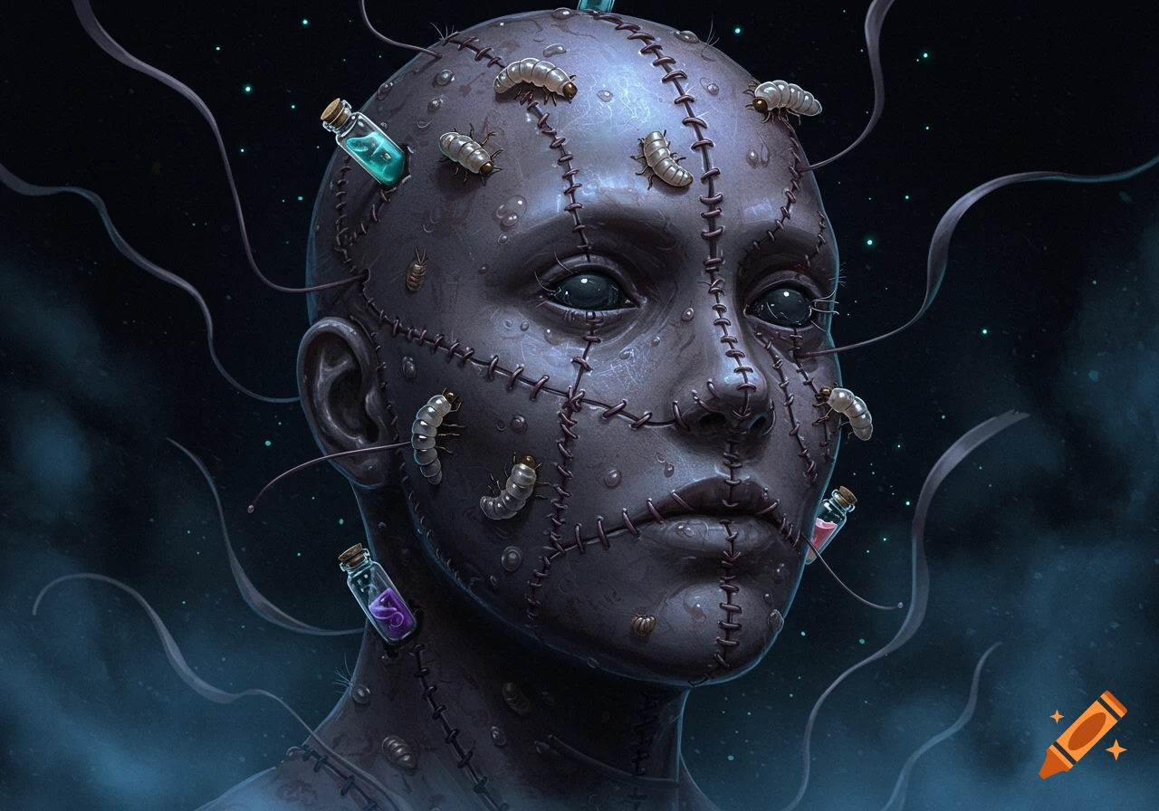 A grotesque head, stitched like Frankenstein's monster, with worm-like larvae and small glass bottles emerging from the seams, set against a dark, misty background.