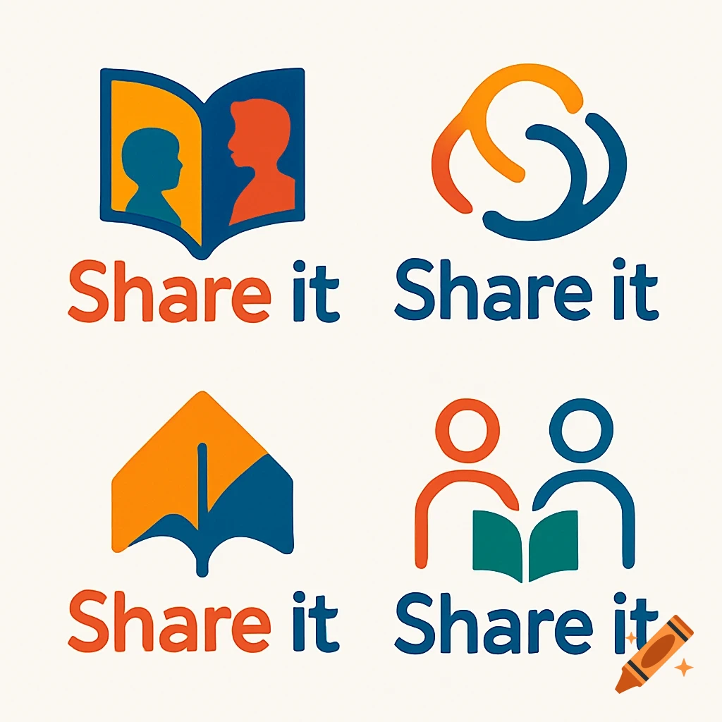 Four minimalist logos on a light background, each featuring the text 'Share it'. Designs include a book with silhouettes of children, interconnected abstract shapes, an umbrella-like shape, and two figures with a book.