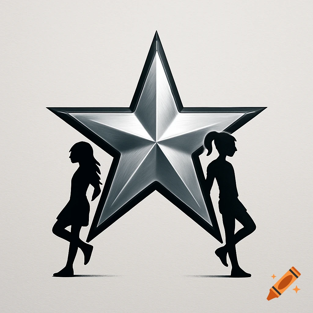 A stylized metallic silver star with two black silhouettes of girls leaning against its points.