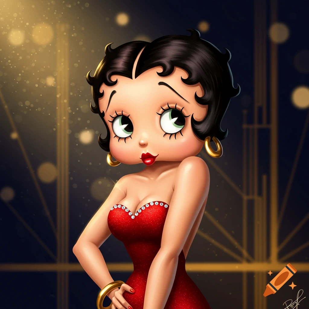 Stylized illustration of Betty Boop in a red sparkly dress, gold earrings, and bracelet, standing against a dark background with golden lights.