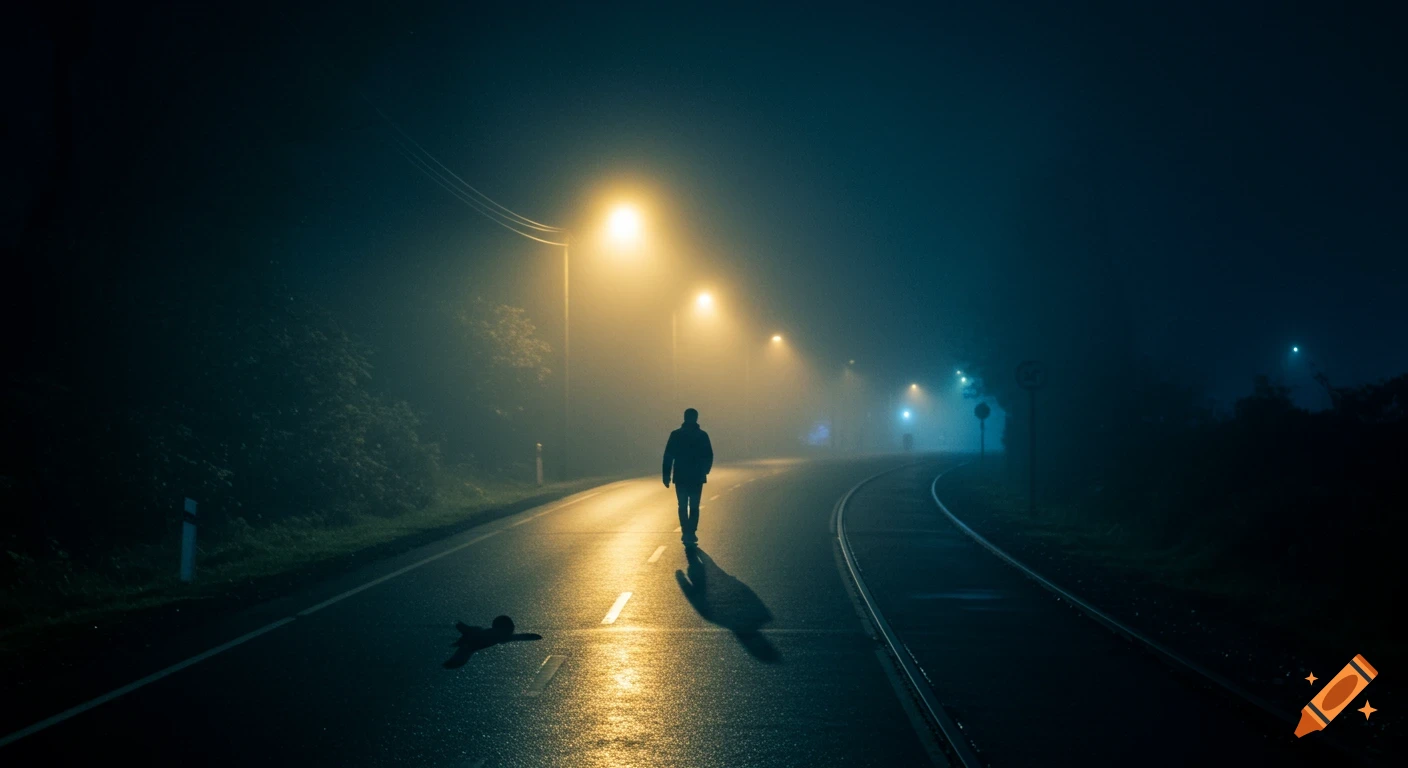 A silhouette of a person walks away on a wet, foggy road at night, lit by streetlights, with train tracks and a subtle child-like shadow on the asphalt.