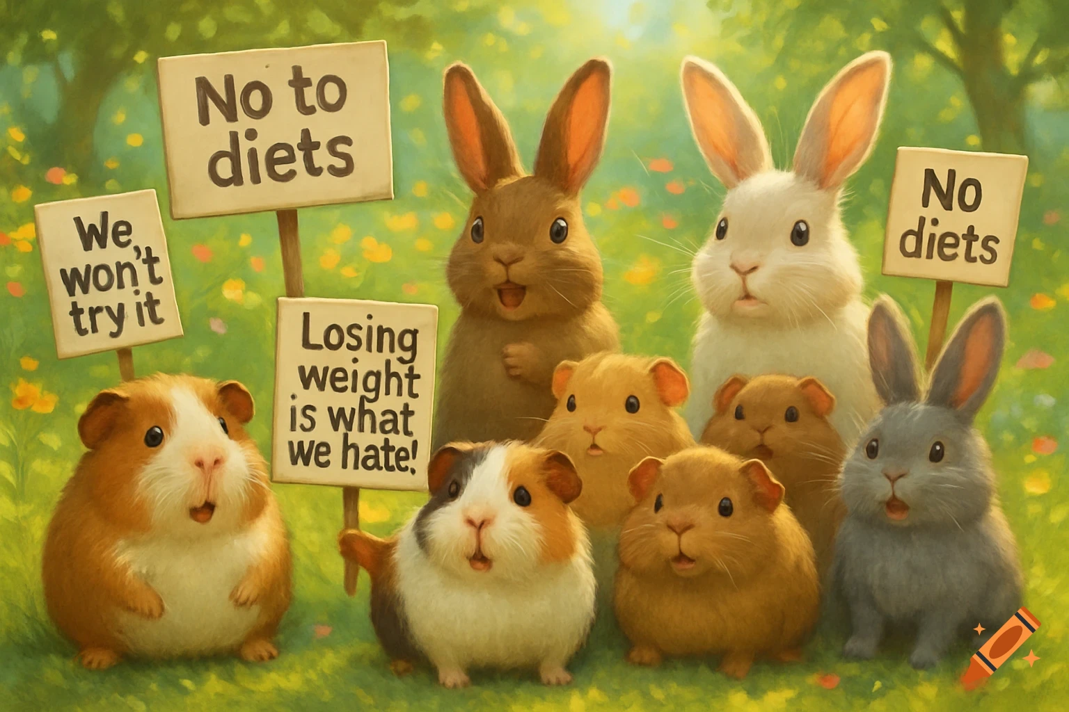 Cute guinea pigs and rabbits hold protest signs saying "No to diets," "We won't try it," and "Losing weight is what we hate!"