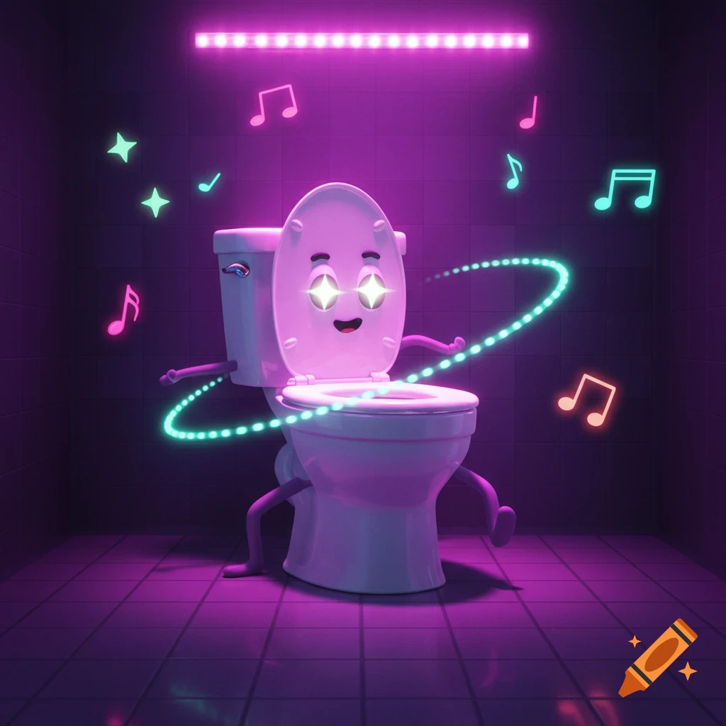A cheerful, cartoonish 3D toilet character with glowing eyes, arms, and legs dances in a purple-lit bathroom, surrounded by neon music notes and stars.