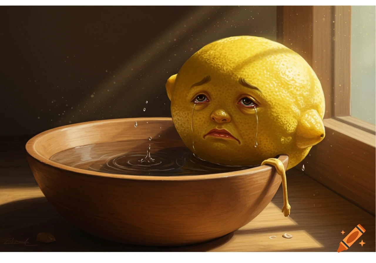 A crying lemon with a human face sits in a wooden bowl filled with water, tears dripping into the water, creating ripples.