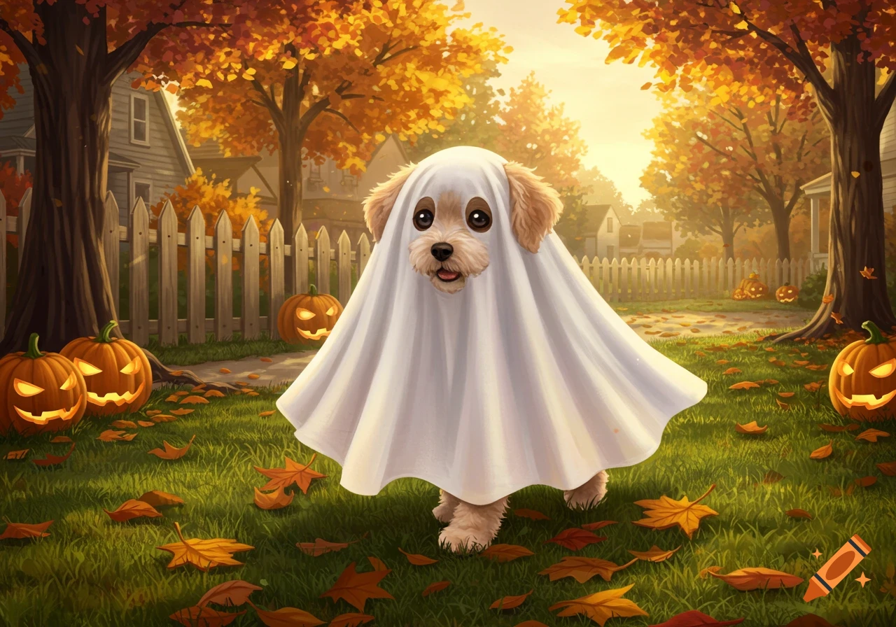 A cute dog in a white ghost costume stands on autumn grass with ...