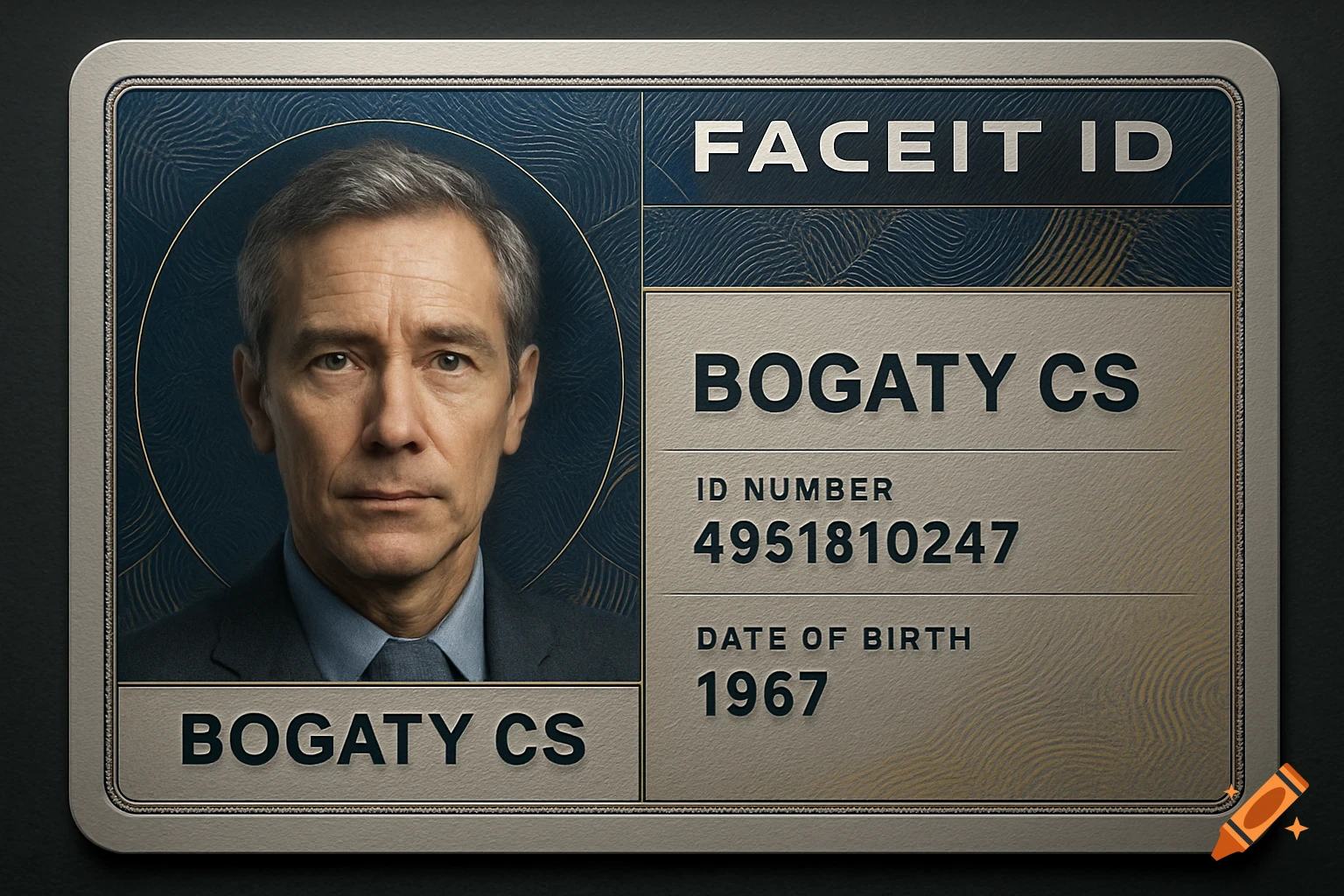 A close-up, photorealistic image of a Faceit ID card for Bogaty CS, showing a man's portrait, an ID number, and a birth year of 1967.