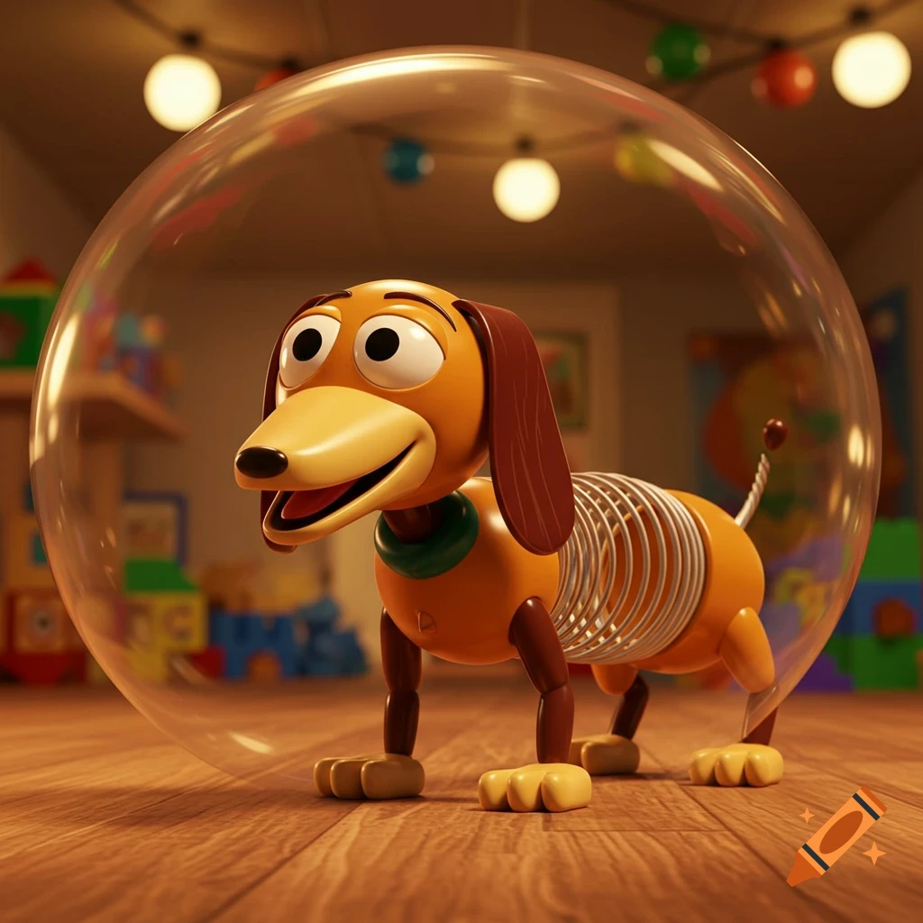 A 3D animated Slinky Dog from Toy Story stands inside a clear bubble in a dimly lit toy room.
