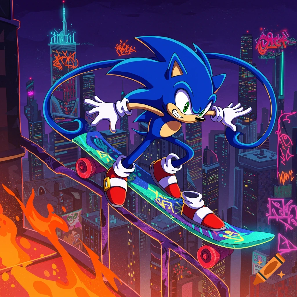 Sonic the Hedgehog skateboarding over a vibrant, graffiti-filled cyberpunk city at night, in a Jet Grind Radio art style.