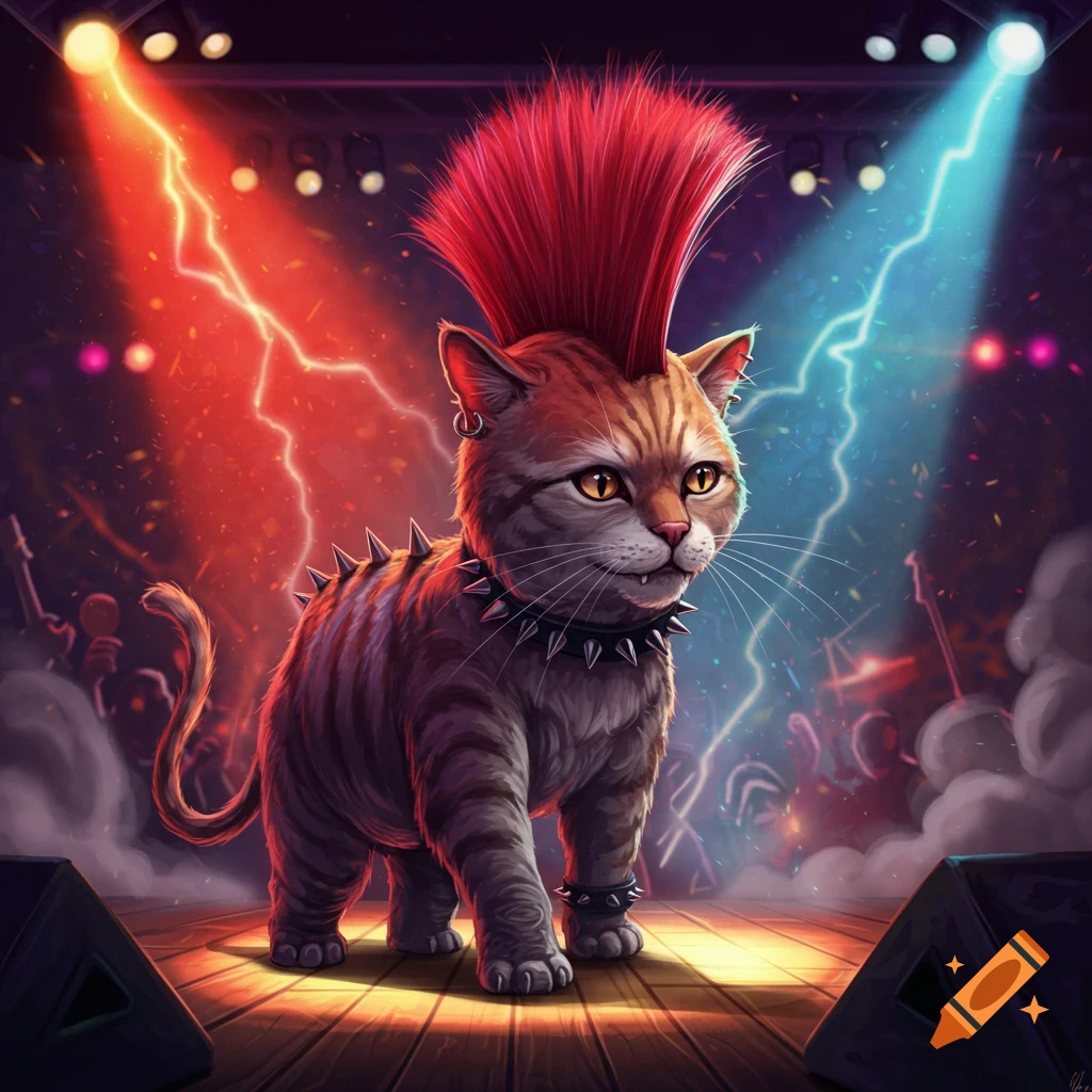 A stylized punk rock cat with a red mohawk and spiked collar stands on a stage under red and blue spotlights with lightning.