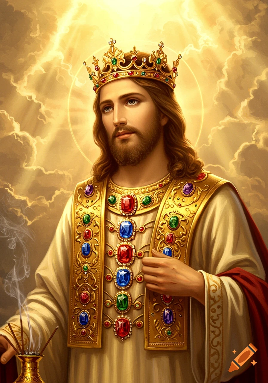 Jesus Christ, wearing a golden crown and elaborate jeweled vestments, holds an incense burner with light radiating behind him.