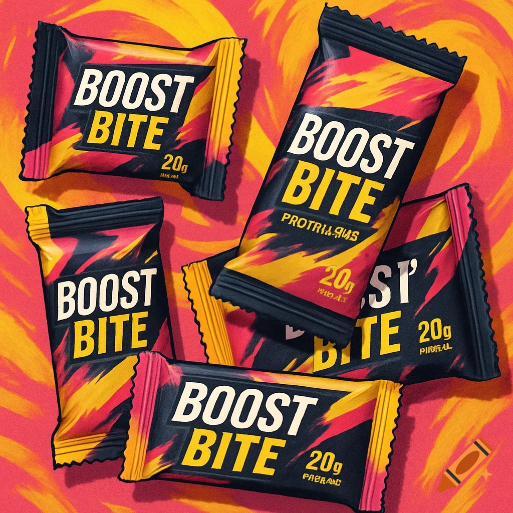 Multiple pink, yellow, and black Boost Bite protein bars with "20g" text are scattered on a vibrant orange and yellow background.