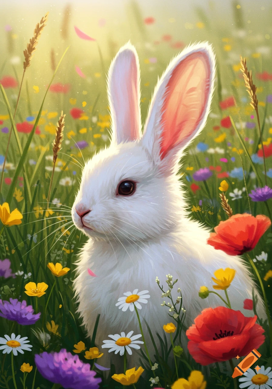 A fluffy white rabbit with long pink ears sits amidst a vibrant field ...
