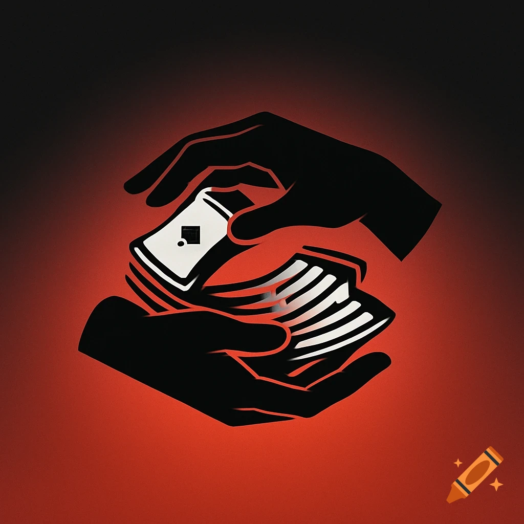 Minimalist logo of black hands shuffling white cards against a red and black gradient background.