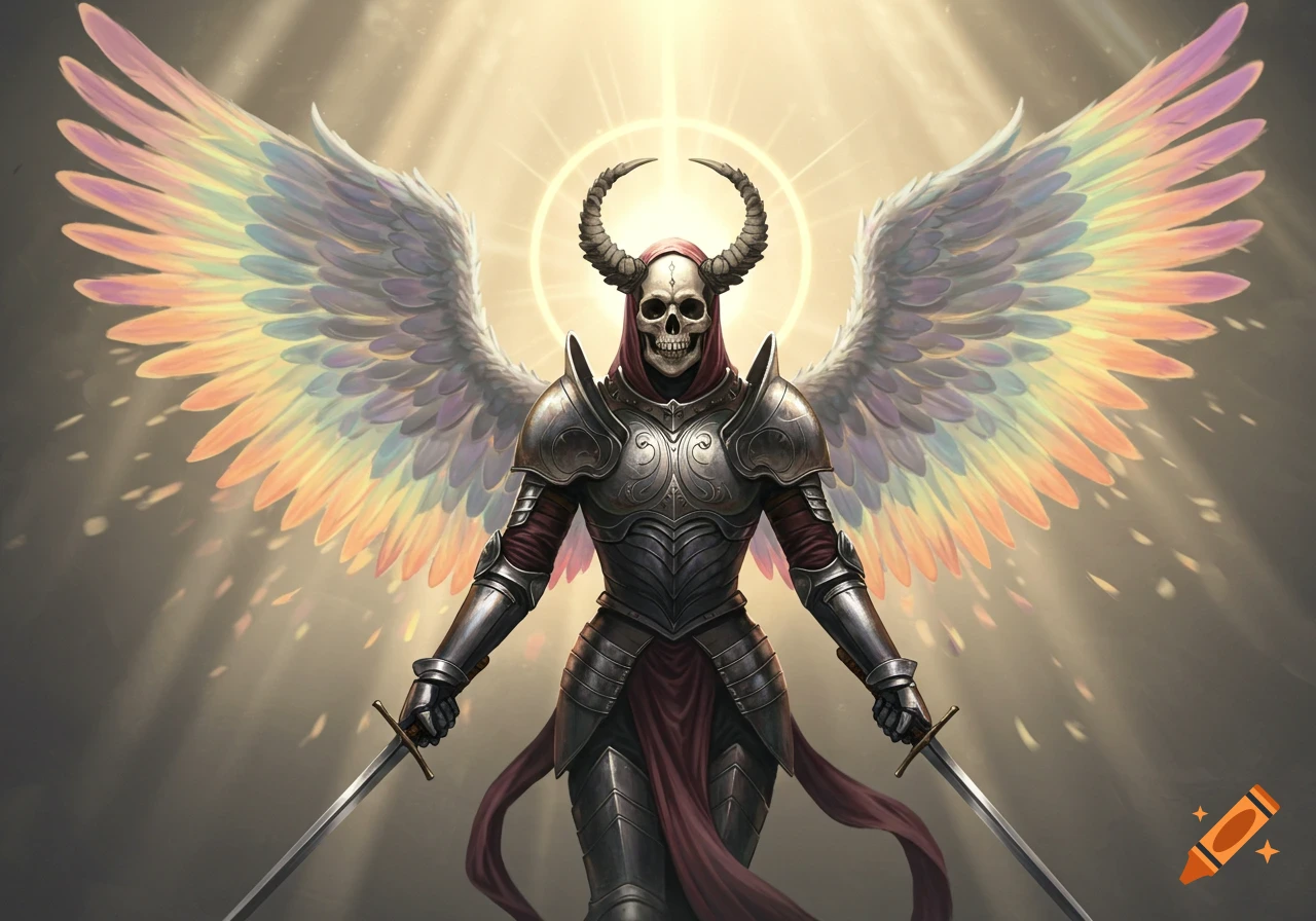 A skeletal figure with horns and a skull mask in detailed silver armor, holding two swords, with rainbow-colored angelic wings.
