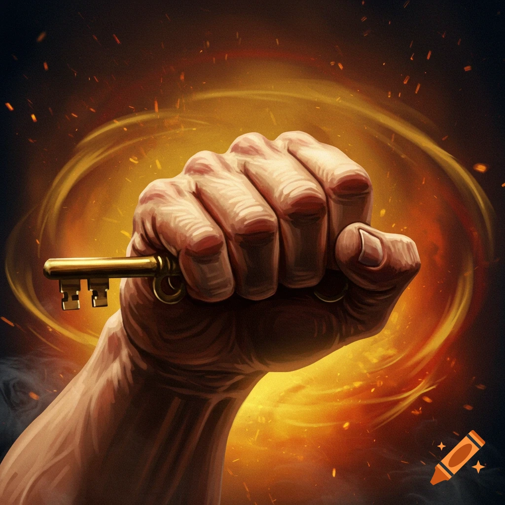 A powerful hand clenches a golden key amidst a swirling, fiery orange and yellow background.
