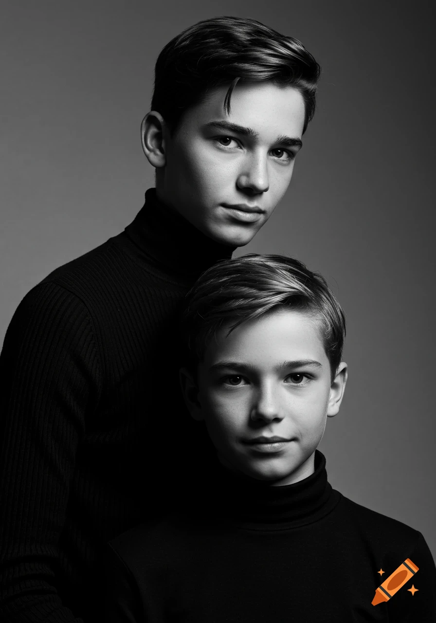 Black and white portrait of two boys in black turtlenecks, confidently looking into the camera.