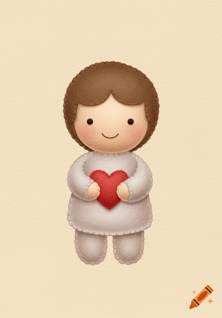 A cute, brown-haired felt doll in a light gray outfit holds a red felt heart, set against a textured beige background.