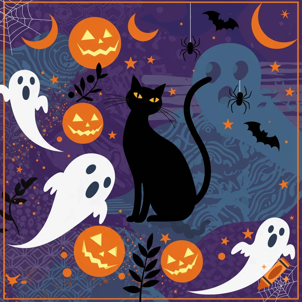 A vector art illustration of a black cat, three ghosts, jack-o'-lanterns, bats, spiders, moons, and stars on a patterned purple Halloween background.