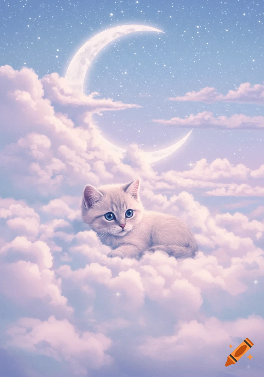 A cute kitten with blue eyes on fluffy pastel clouds under a starry night sky with crescent moons, digital illustration.