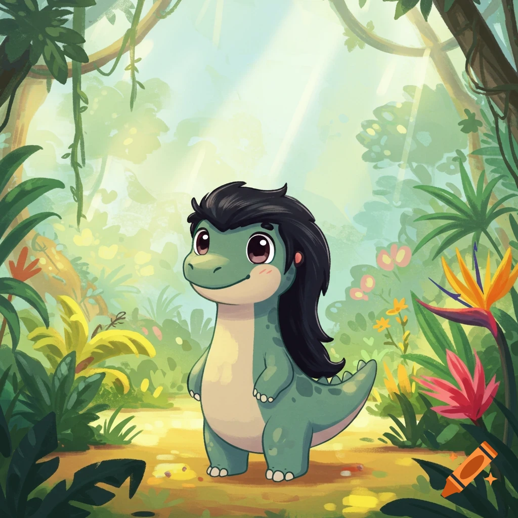A cute cartoon green dinosaur with black hair stands smiling in a vibrant jungle with sunlight.