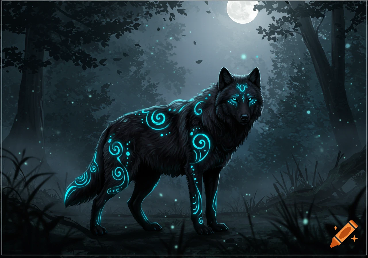 A black wolf with glowing cyan swirling patterns on its fur stands in a dark, misty forest under a full moon.