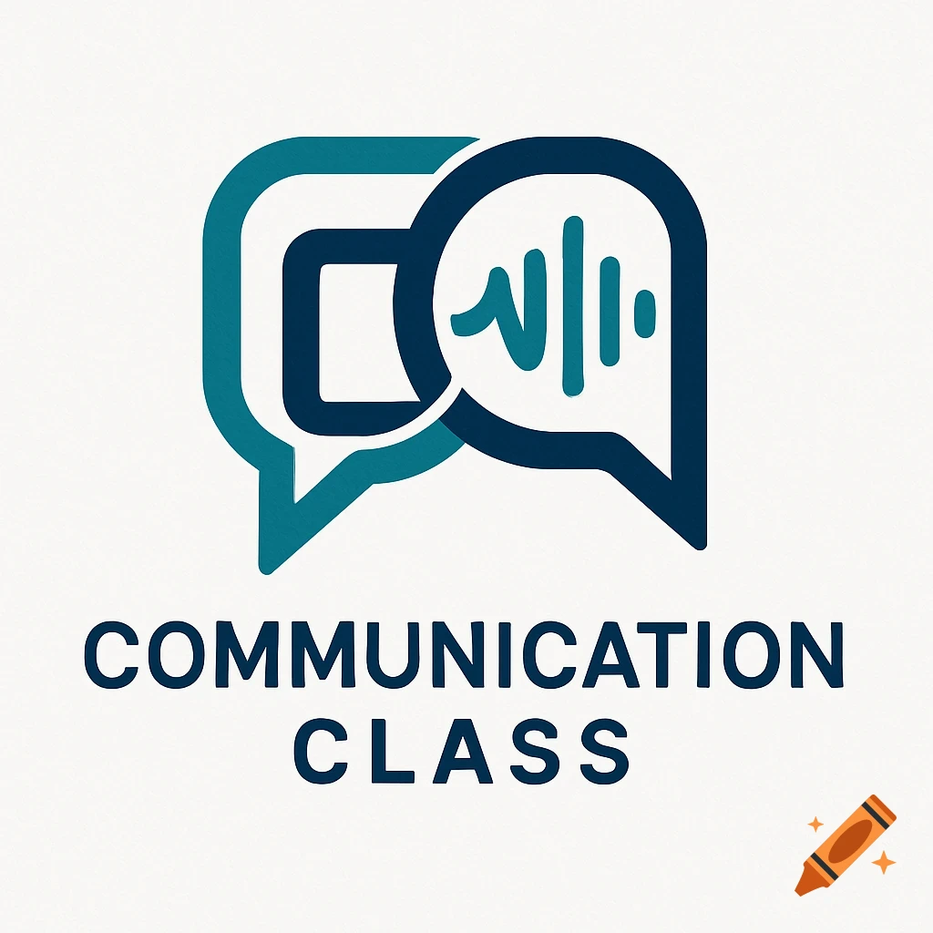 A logo with overlapping teal and dark blue speech bubbles, one with a chat icon and the other with a sound wave icon, above the text 'COMMUNICATION CLASS'.