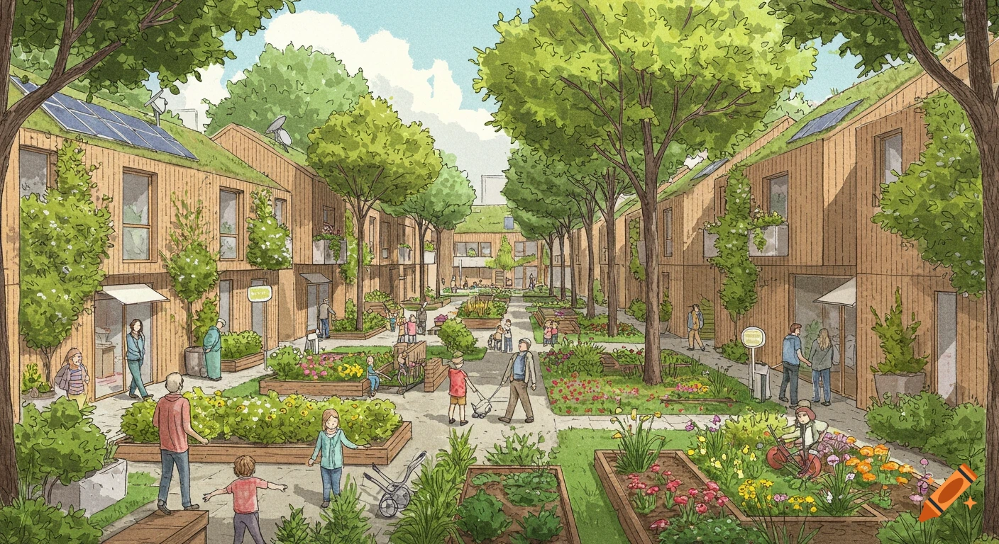 An illustration of a vibrant ecological co-housing community with green-roofed buildings, solar panels, and people gardening in shared plots.