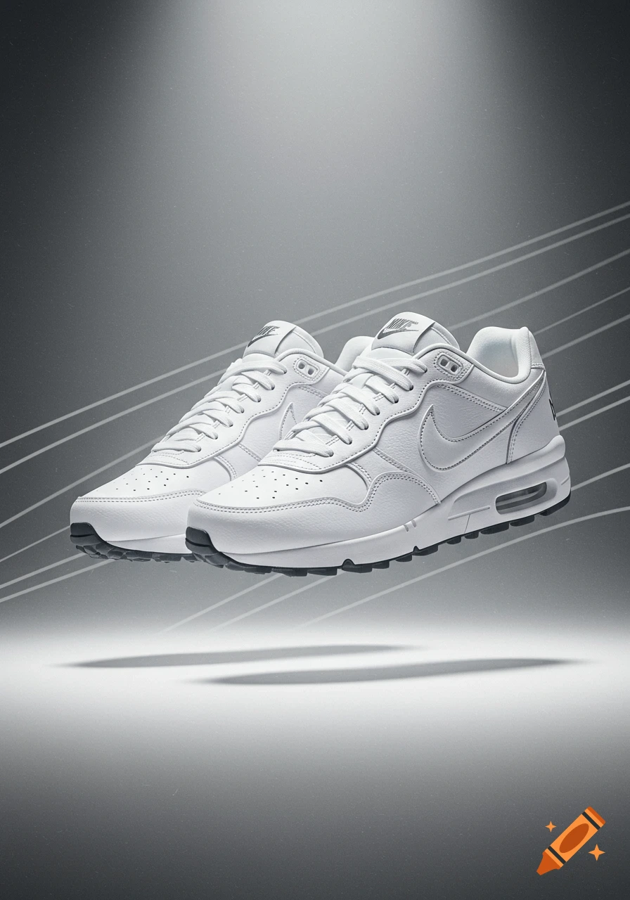 A pair of white Nike sneakers with black soles floats above a gradient gray background with faint white lines.