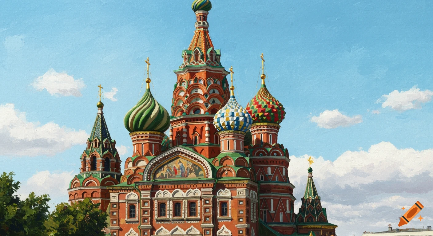A colorful oil painting of Saint Basil's Cathedral with its distinctive onion domes under a bright blue sky.