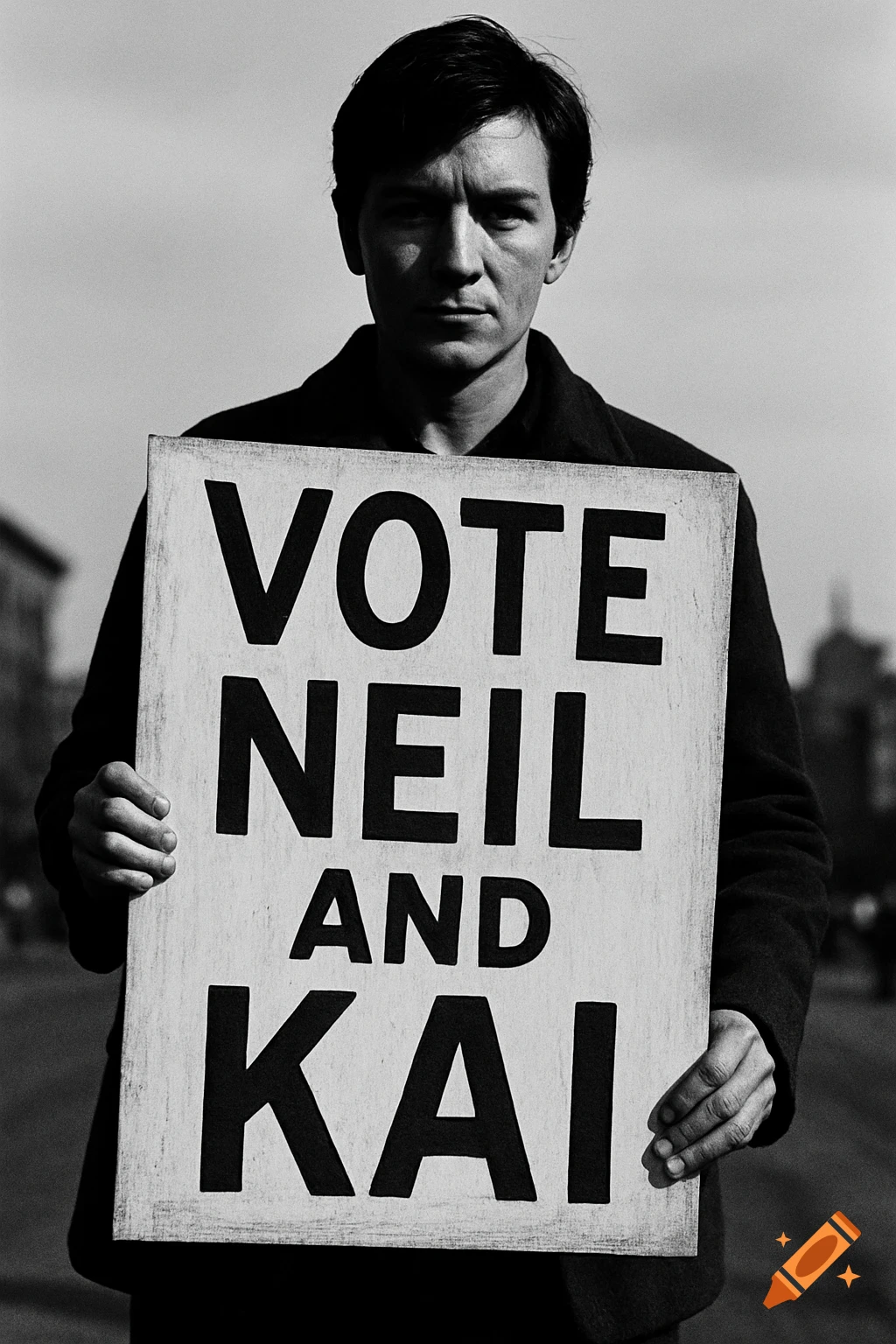 A black and white photo of a man holding a sign that says 'VOTE NEIL AND KAI'.