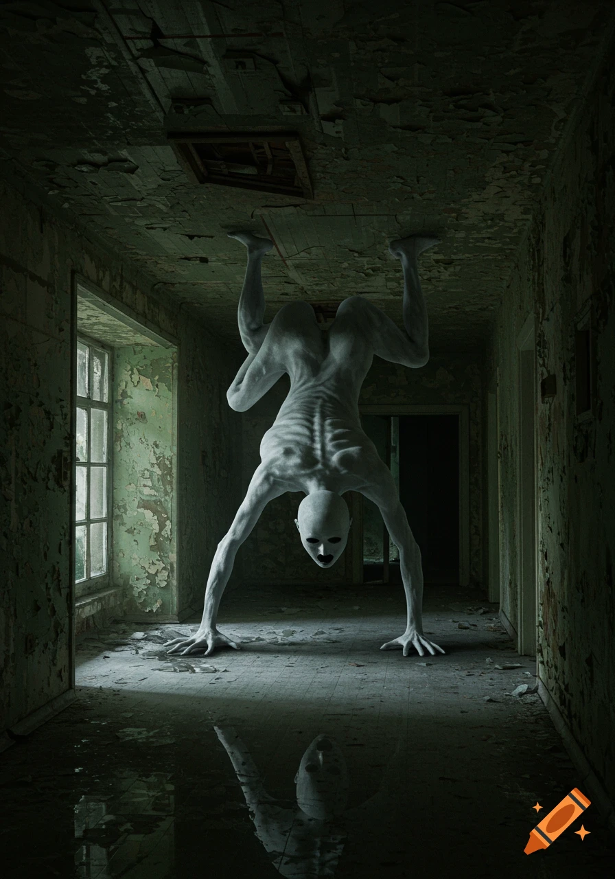 A pale, distorted, bald humanoid creature with dark eye sockets and ...