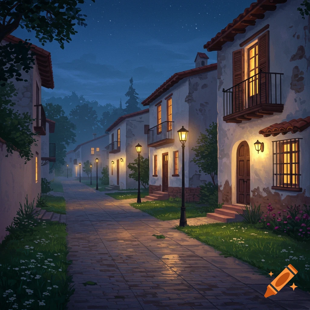Painterly illustration of a quiet street lined with traditional Spanish-style houses and glowing streetlights at night.