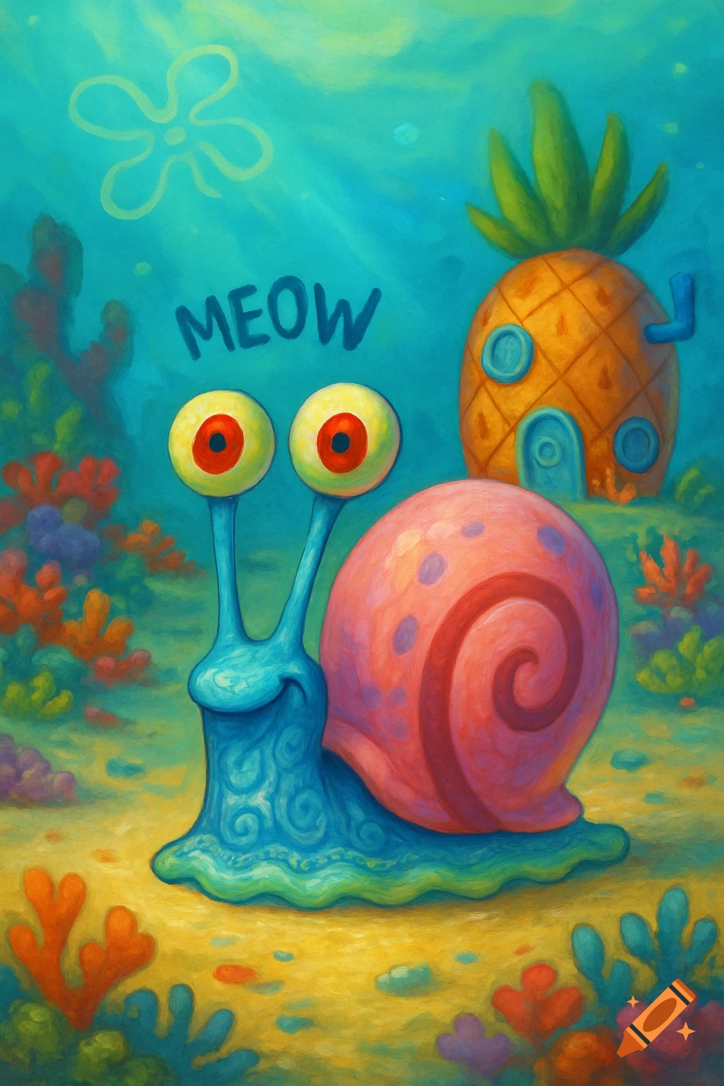 A painting of Gary the blue snail with a pink shell and large yellow eyes, saying 'MEOW', underwater near SpongeBob's pineapple house.