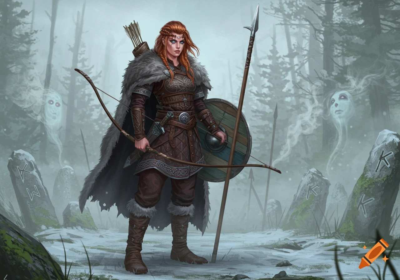 A female Viking warrior with red braided hair, fur cloak, bow, and shield stands in a misty, snowy forest with rune stones and ghosts.
