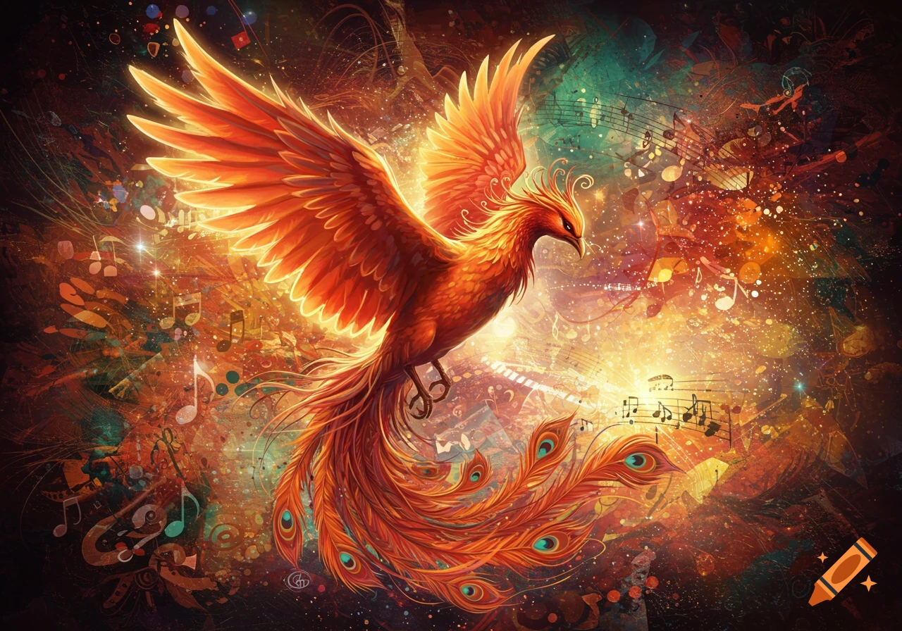 A majestic, fiery orange phoenix with spread wings and peacock-like tail feathers, flying amidst sparkling musical notes and abstract golden light.