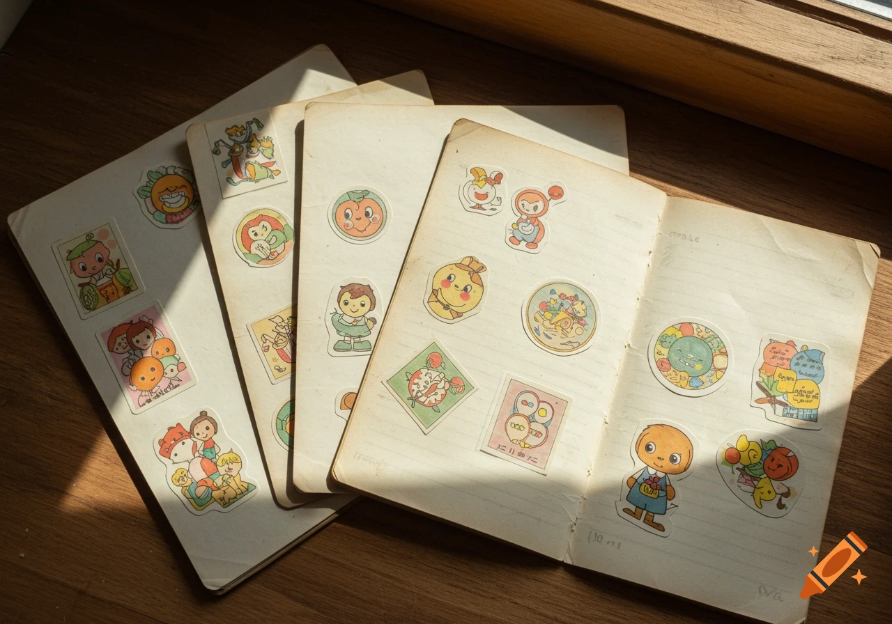 Close-up overhead shot of several old, white notebook pages covered with various colorful, cute cartoon stickers on a wooden surface, bathed in sunlight.