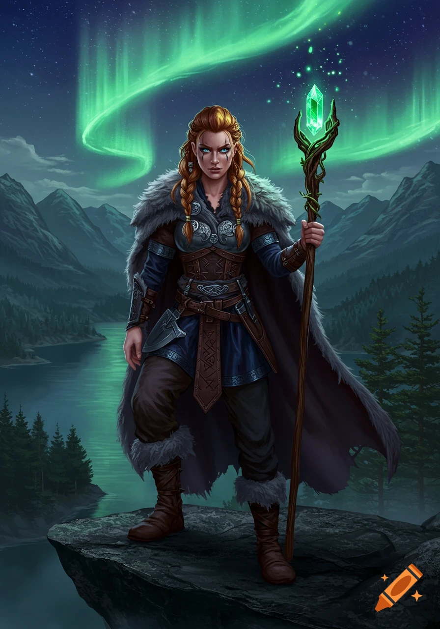 A fantasy illustration of a female Viking warrior/Druid with strawberry blonde hair and blue eyes, holding a glowing staff on a cliff under an aurora.