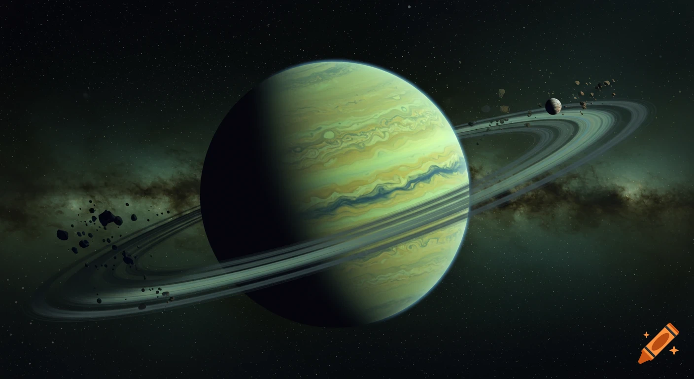 A gas giant planet, chartreuse with dark blue inner rings, orbits in a star-filled galaxy, surrounded by a large ring system of rocks and gases.