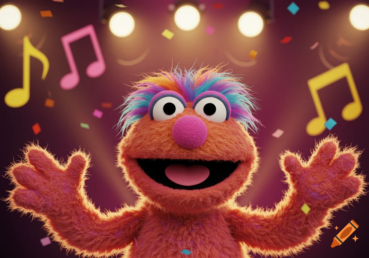 A fluffy orange muppet with colorful hair, wide eyes, and an open mouth raises its hands under stage lights, with confetti and musical notes floating around.