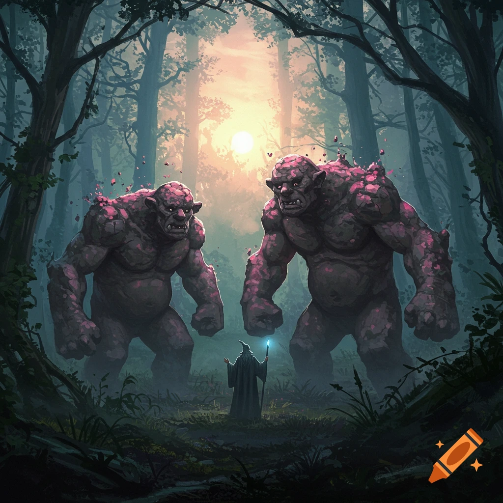 A wizard with a glowing staff stands between two large trolls turning to stone in a misty forest at sunrise, fantasy art.