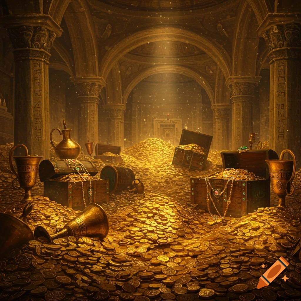 A vast, ancient treasure chamber filled with piles of gold coins, jewels, and open chests, bathed in a soft, ethereal light.